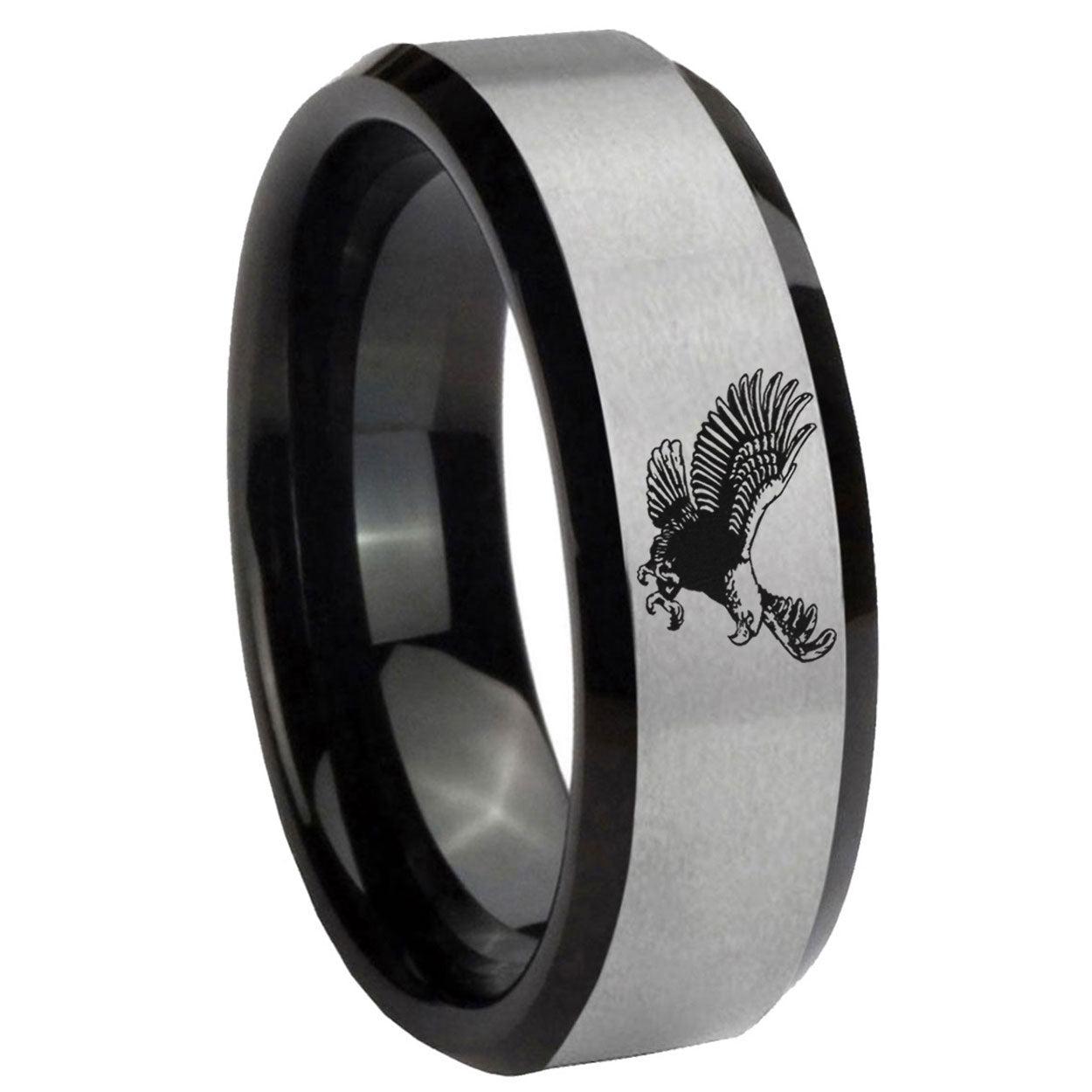 8mm Flying American Eagle Two-Tone Beveled Gray Black Tungsten Wedding Ring