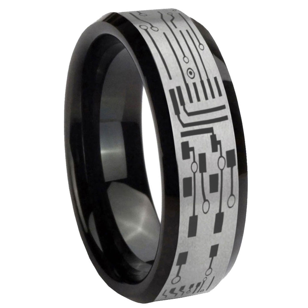8mm Circuit Board Two-Tone Beveled Gray Black Tungsten Wedding Ring