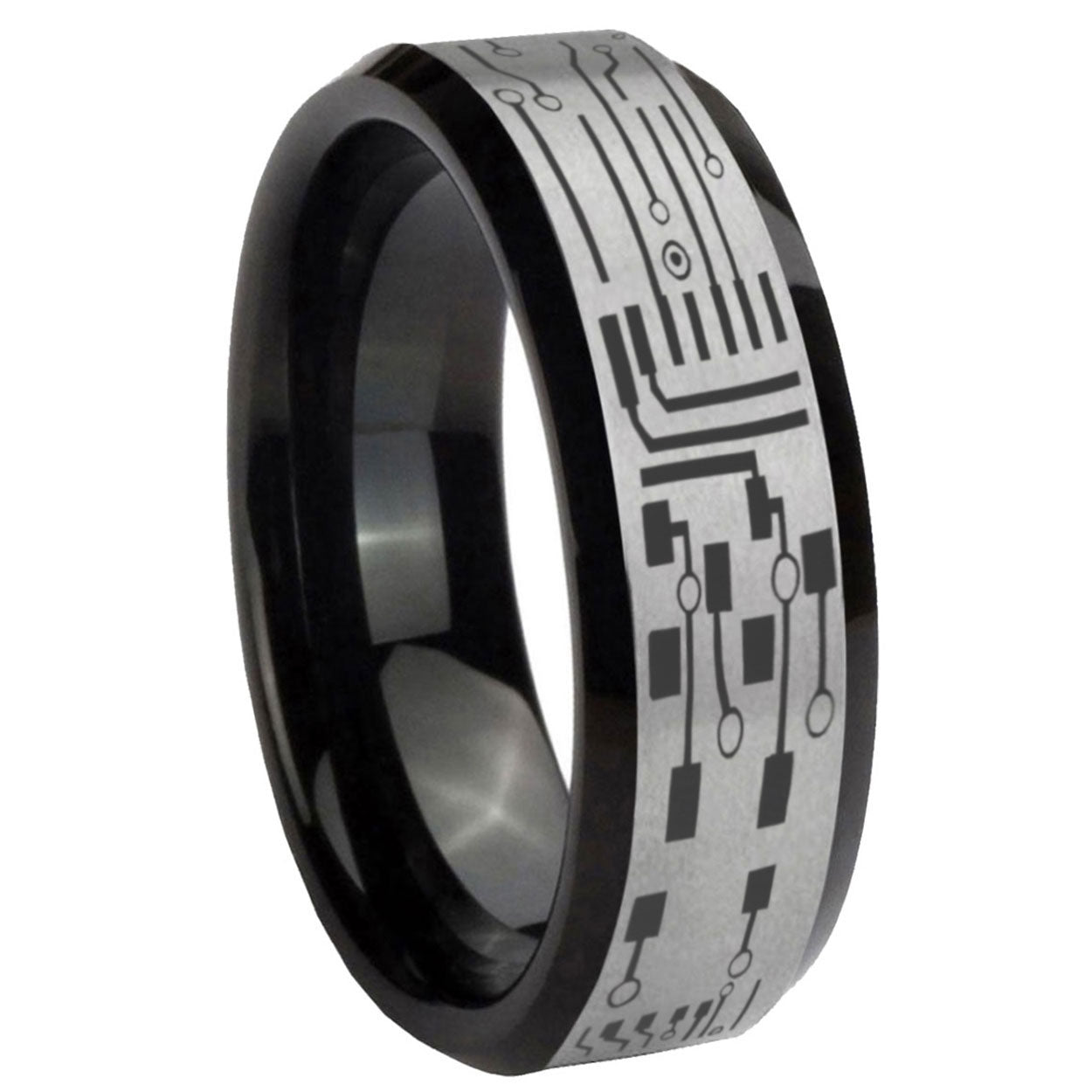 8mm Circuit Board Two-Tone Beveled Gray Black Tungsten Wedding Ring