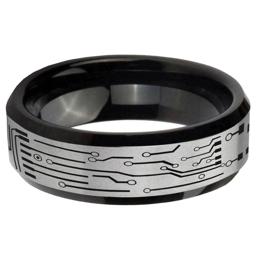 5mm Circuit Board Two-Tone Beveled Gray Black Tungsten Wedding Ring