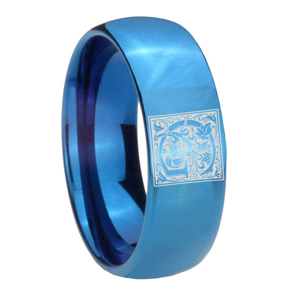 8mm-Dome-Polished-Blue-Tungsten-Floral-Initial-Letter-G,-Monogram-Mens-Ring