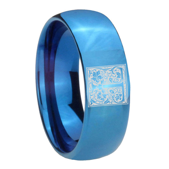 8mm-Dome-Polished-Blue-Tungsten-Floral-Initial-Letter-T,-Monogram-Mens-Ring