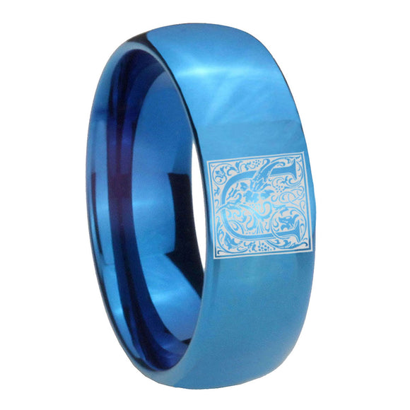 8mm-Dome-Polished-Blue-Tungsten-Floral-Initial-Letter-U,-Monogram-Mens-Ring