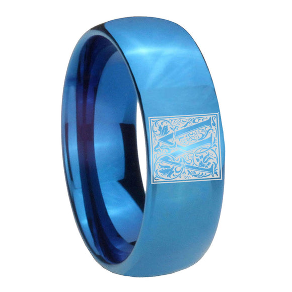 8mm-Dome-Polished-Blue-Tungsten-Floral-Initial-Letter-W,-Monogram-Mens-Ring
