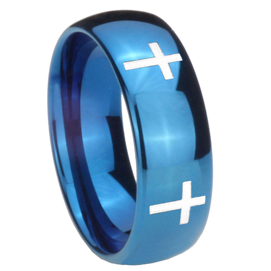 8MM Crosses Dome Blue Tungsten Carbide Wedding Engraving Ring