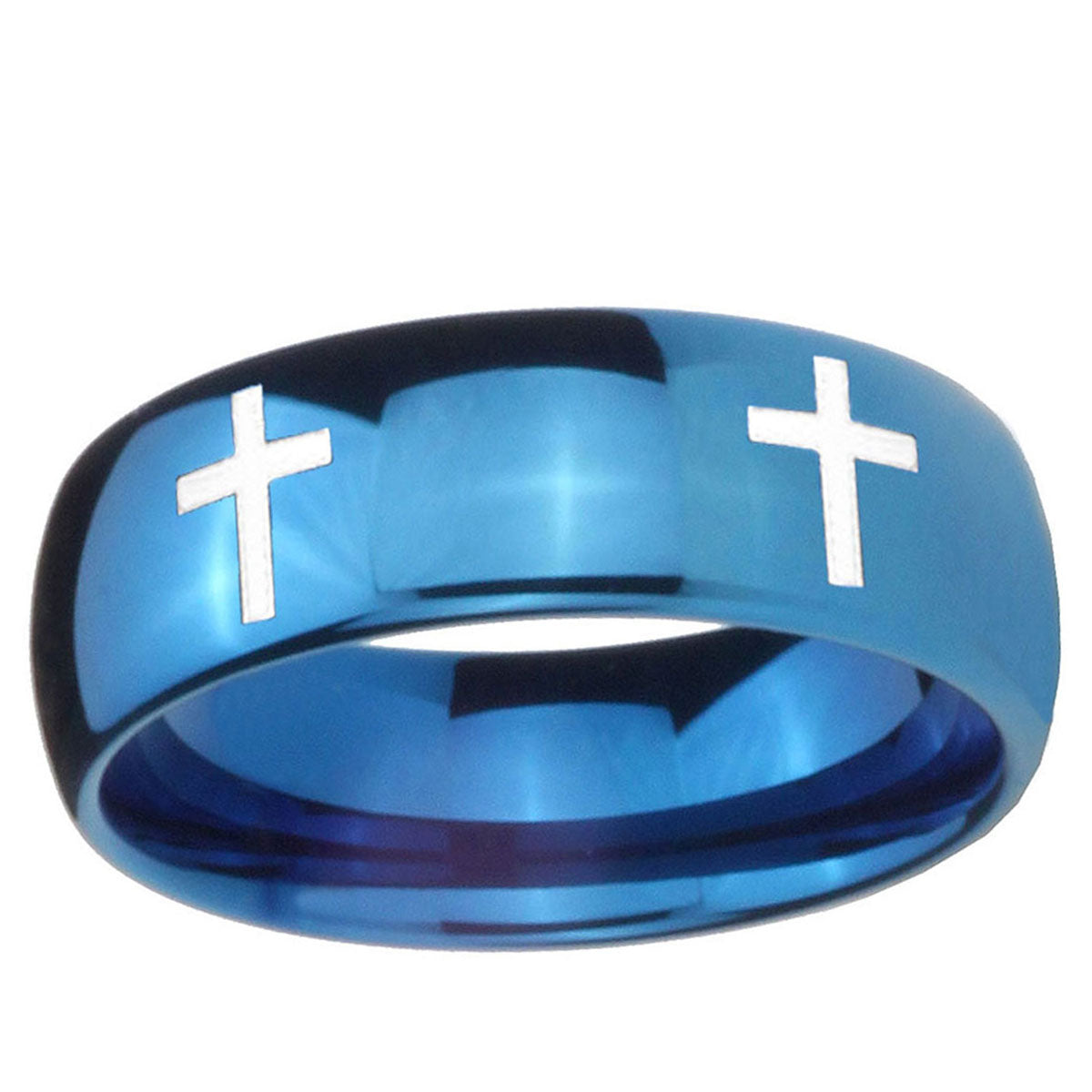5MMCrosses Dome Blue Tungsten Carbide Wedding Engraving Ring