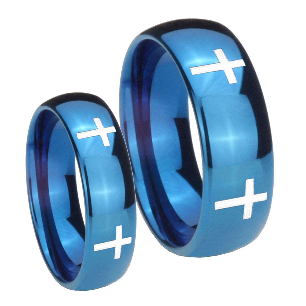 Crosses Dome Blue Tungsten Bridal Set Rings