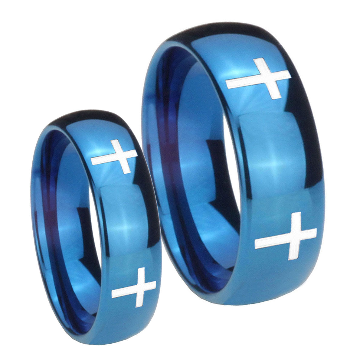 Crosses Dome Blue Tungsten Bridal Set Rings
