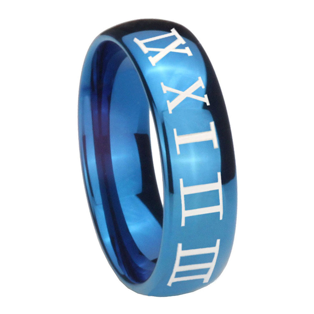 8MM Roman Numeral Dome Blue Tungsten Carbide Wedding Bands Ring