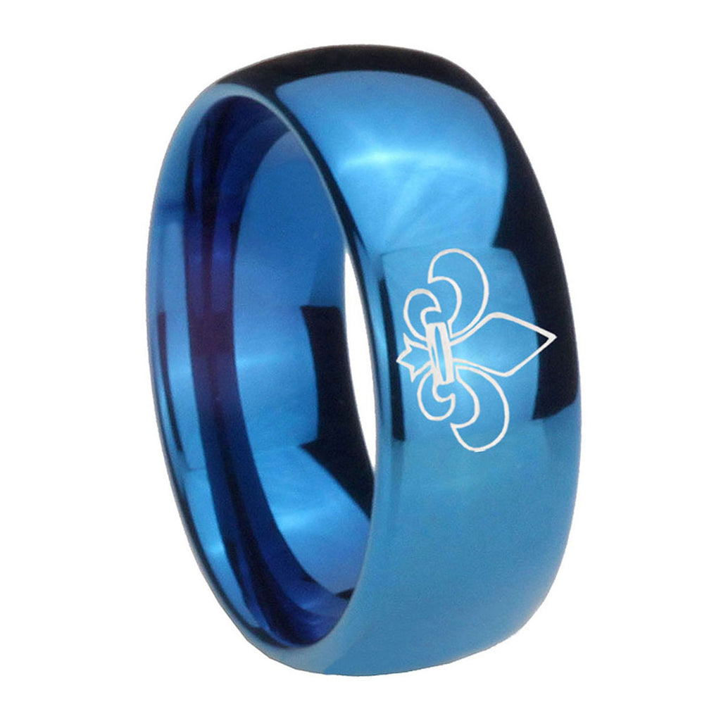 8MM Fleur-De-Lis Dome Blue Tungsten Carbide Men's Wedding Band
