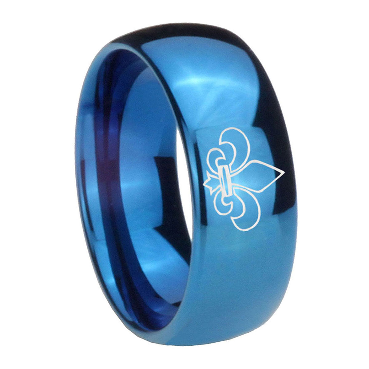 8MM Fleur-De-Lis Dome Blue Tungsten Carbide Men's Wedding Band