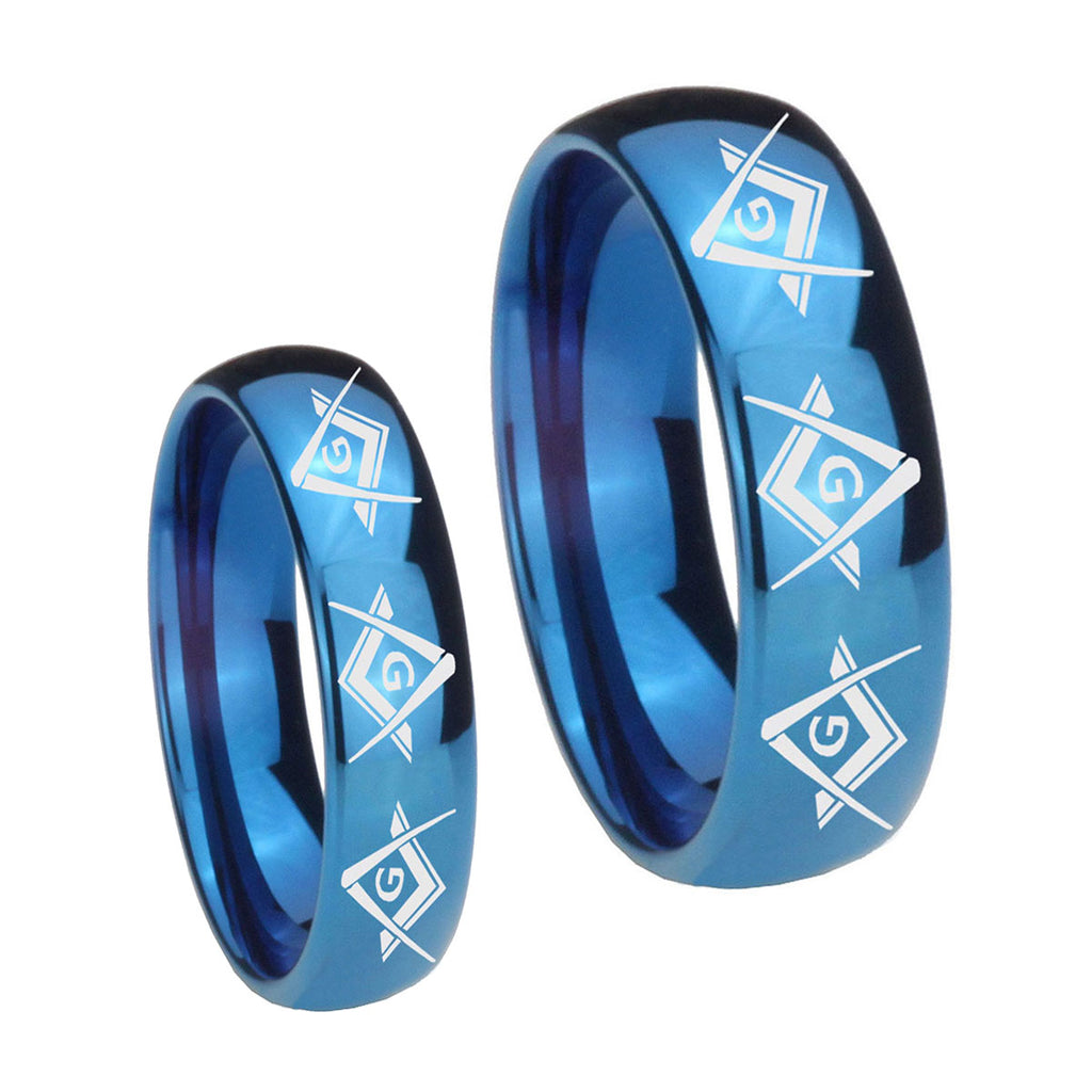 Master Mason Masonic Dome Blue Tungsten Bridal Band Set