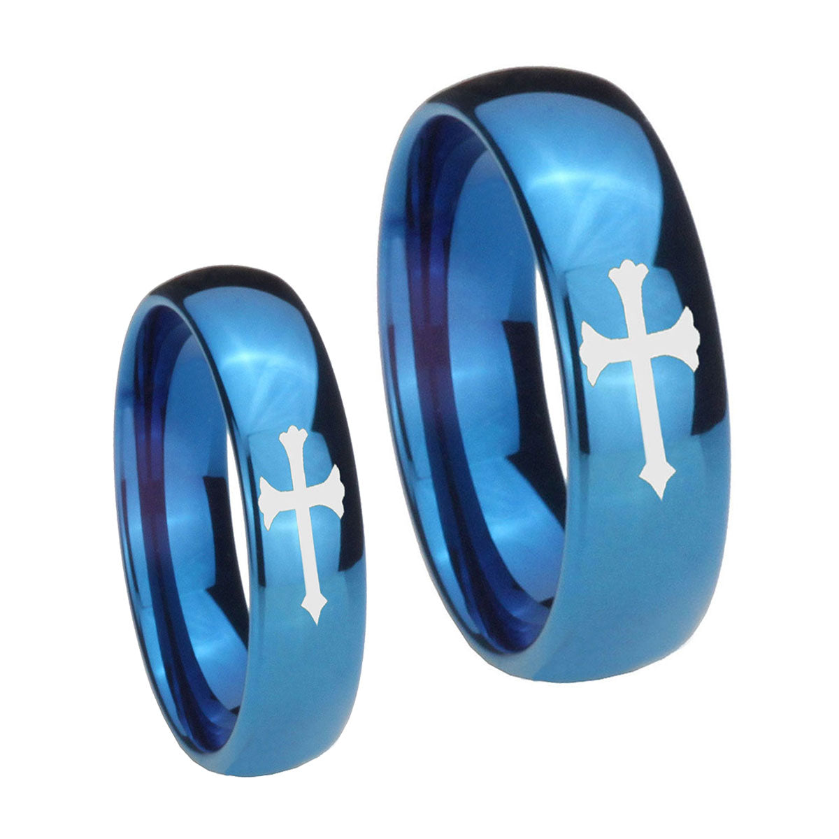 Christian Cross Dome Blue Tungsten Couple Rings