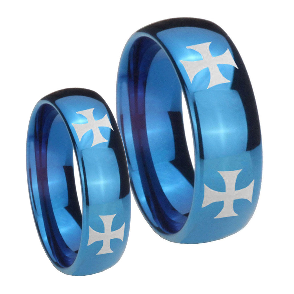 4 Maltese Cross Dome Blue Tungsten Couple Rings