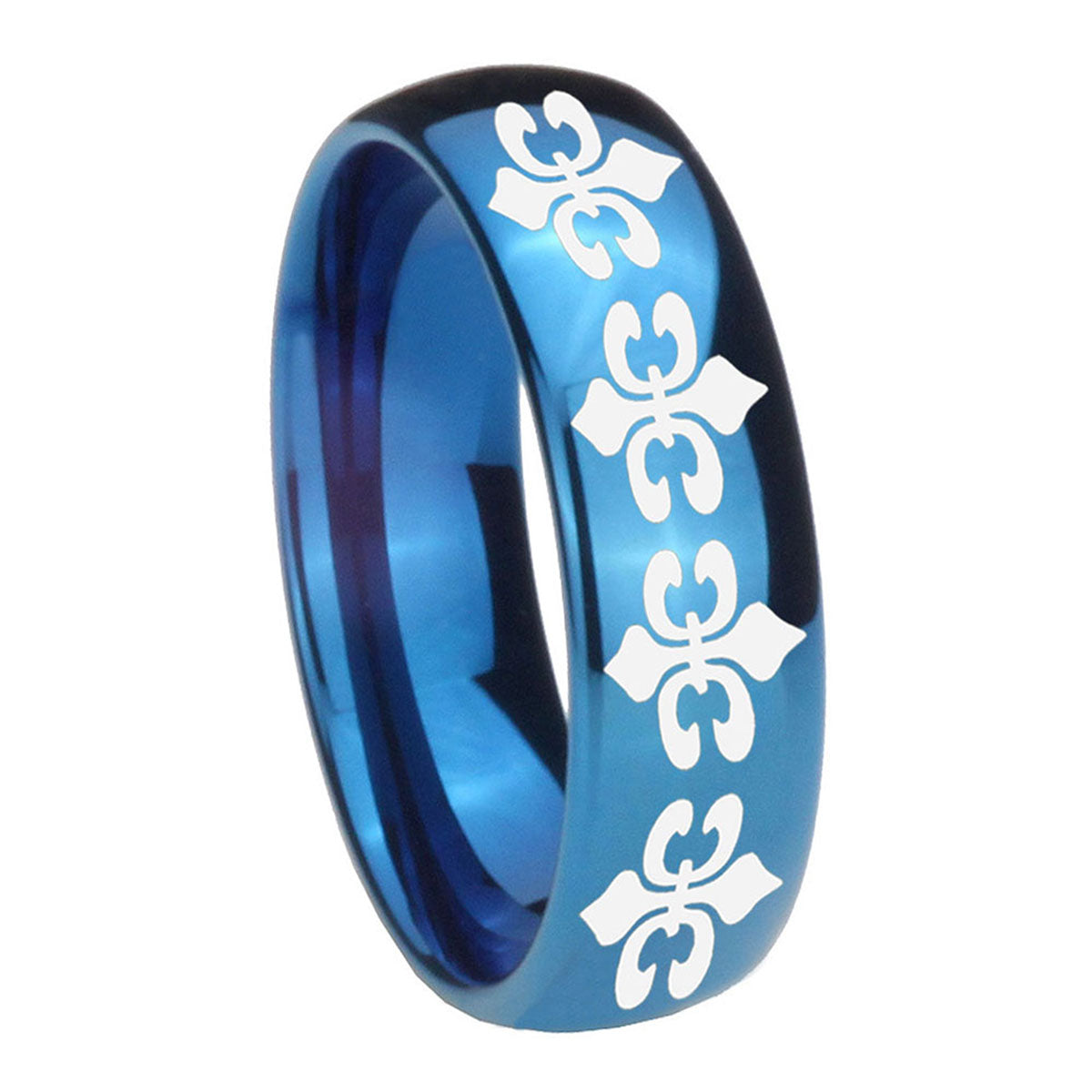 8MM Multiple Fleur-De-Lis Dome Blue Tungsten Men's Promise Ring