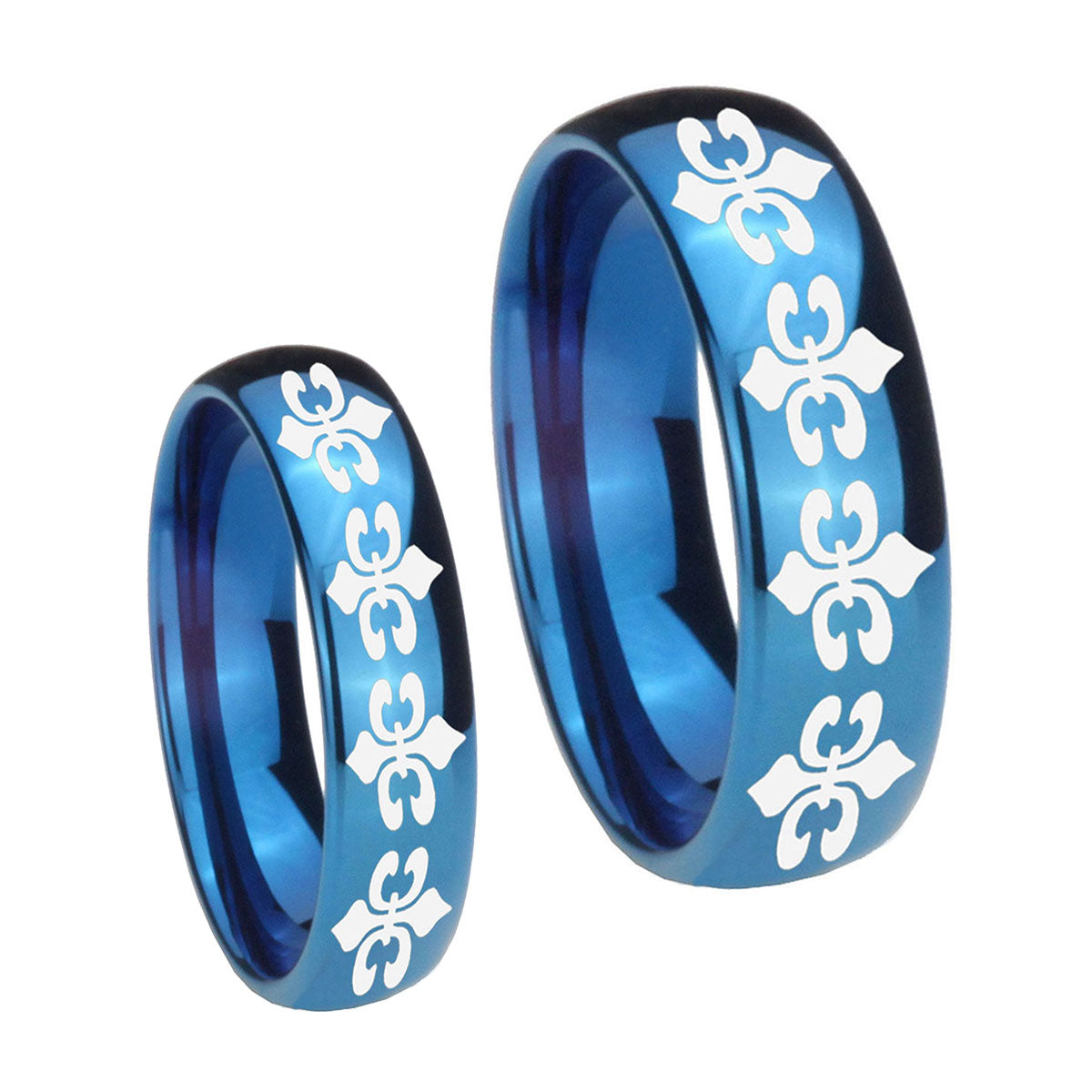 Multiple Fleur De Lis Dome Blue Tungsten His And Hers Ring