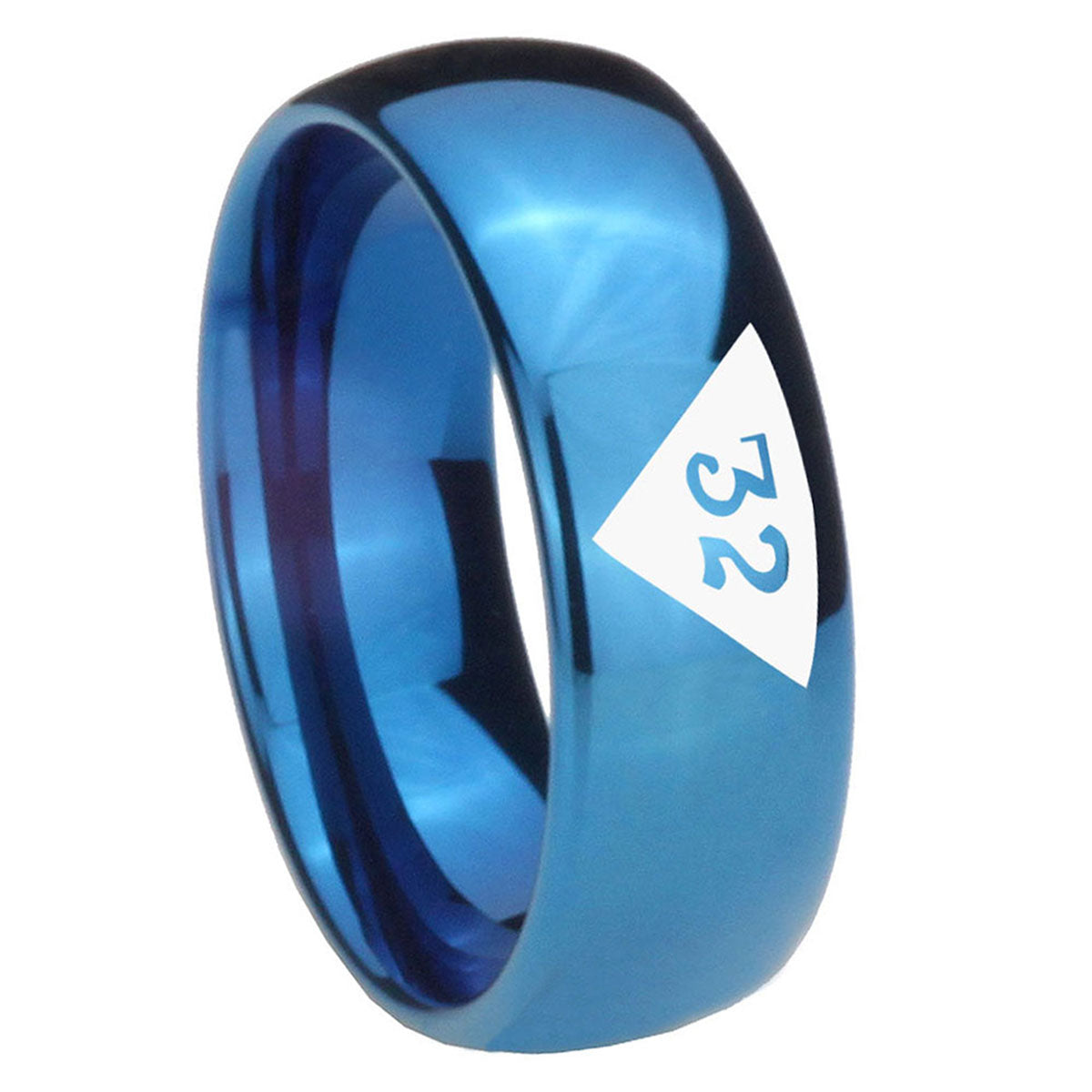 8MM Masonic 32 Triangle Design Freemason Dome Blue Tungsten Ring