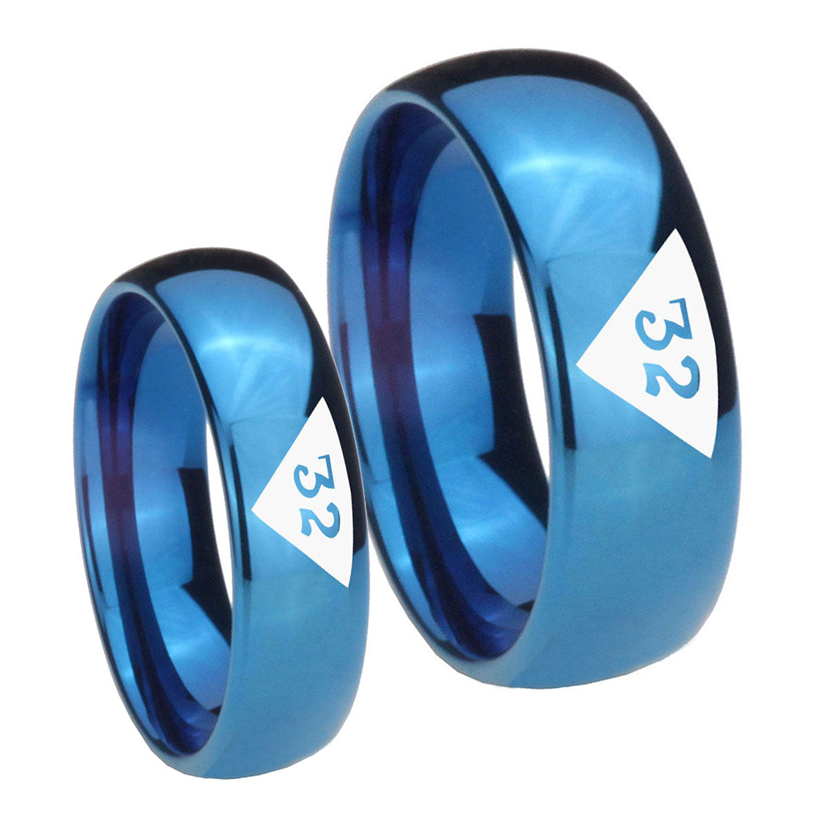 Masonic 32 Triangle Design Freemason Dome Blue Tungsten Promise Ring Set