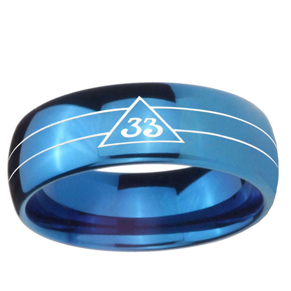 5MMMasonic 32 Duo Line Freemason Dome Blue Tungsten Ring
