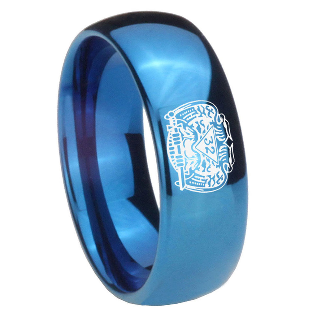 8MM Masonic 32 Degree Freemason Dome Blue Tungsten Wedding Ring