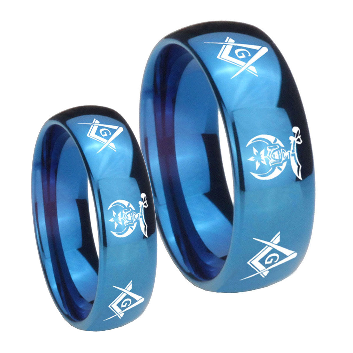 Masonic Shriners Dome Blue Tungsten Matching Ring Set