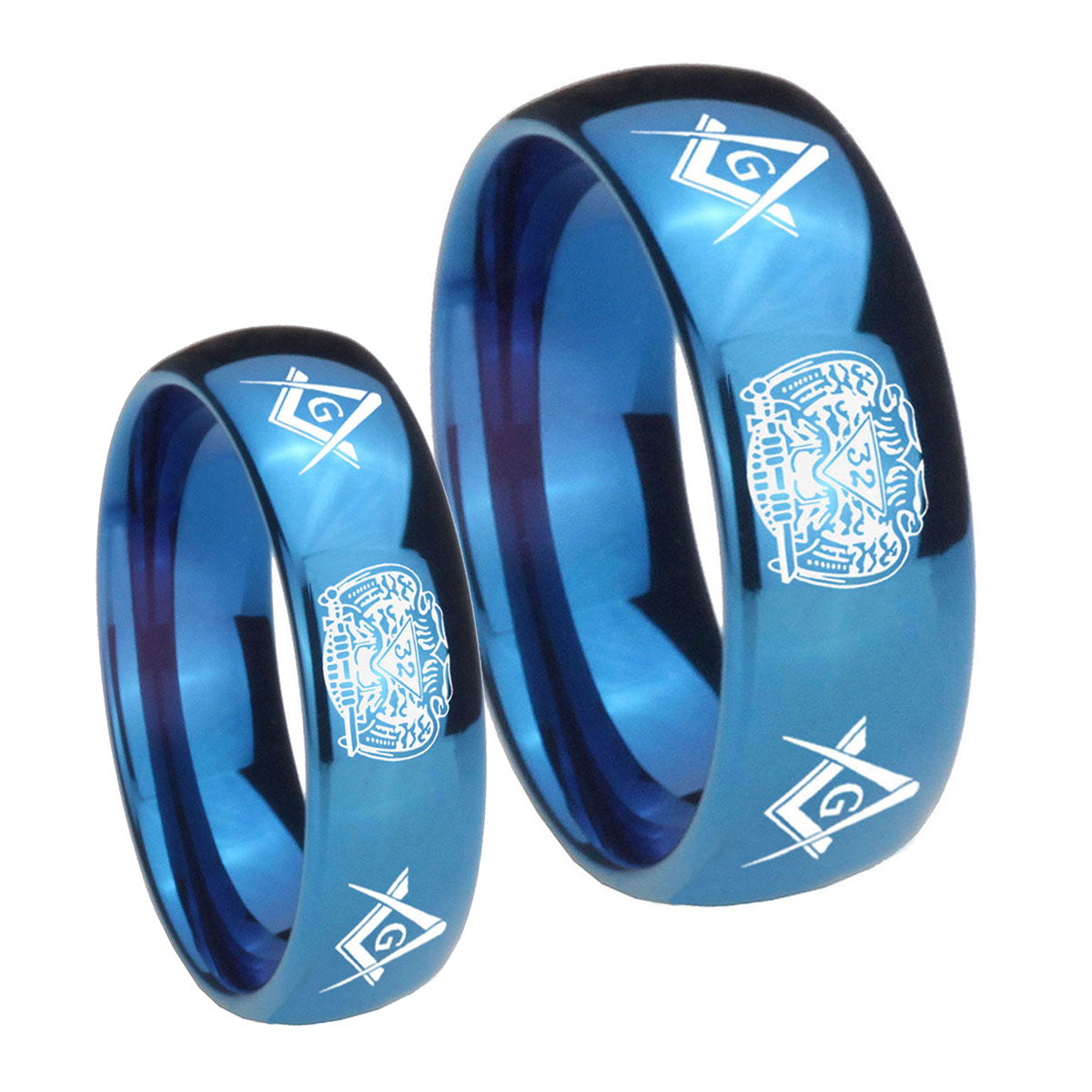 Masonic 32 Design Dome Blue Tungsten Mens Ring Set