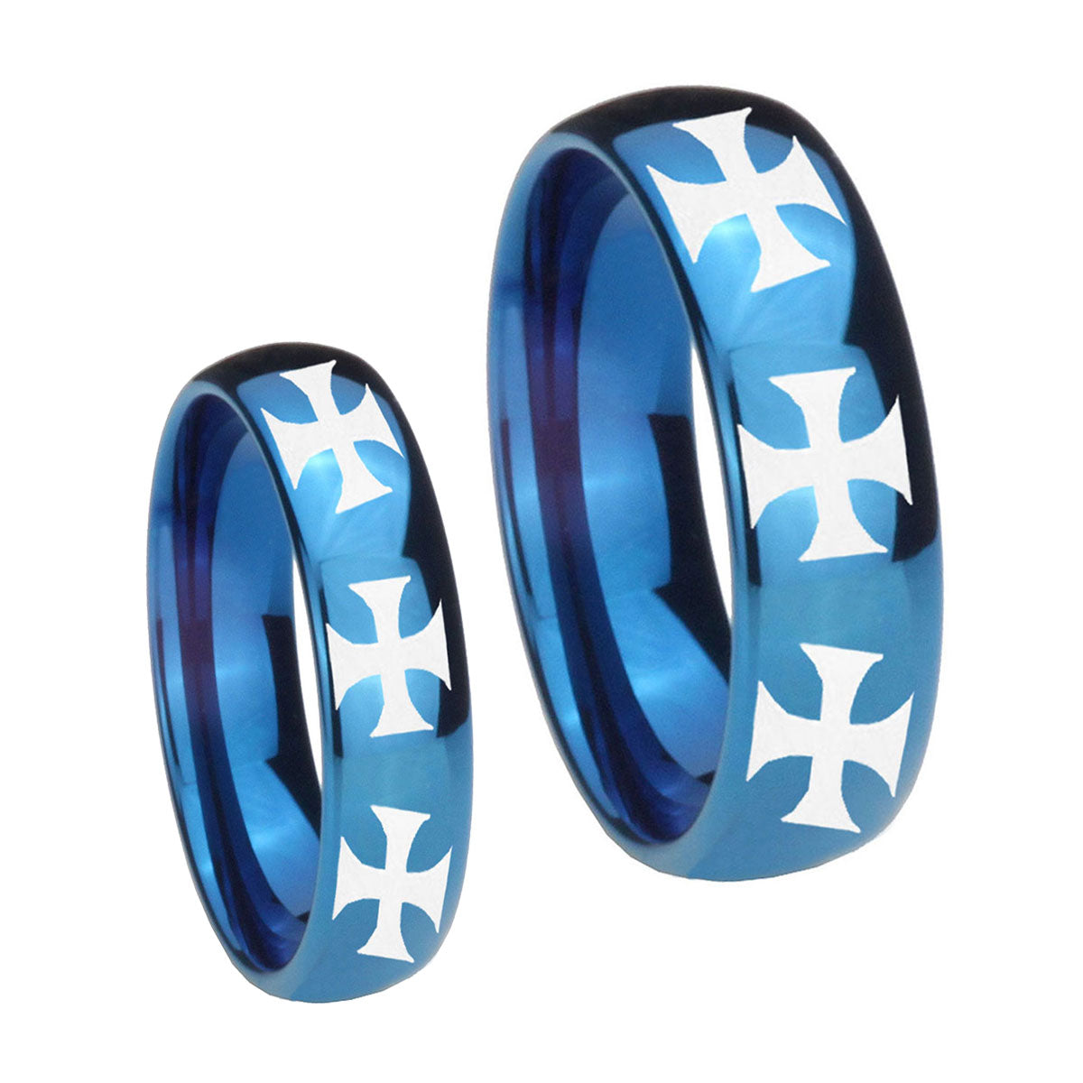 Multiple Maltese Cross Dome Blue Tungsten Engagement Ring Set