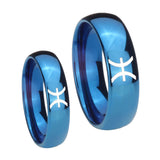 Bride and Groom Pisces Zodiac Dome Blue Tungsten Mens Engagement Ring Set