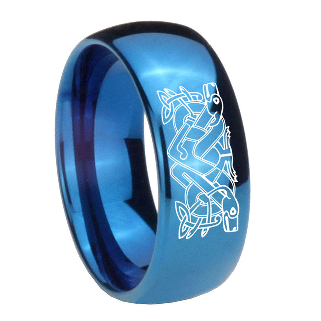 8MM Celtic Dog Dome Blue Tungsten Carbide Men's Wedding Band