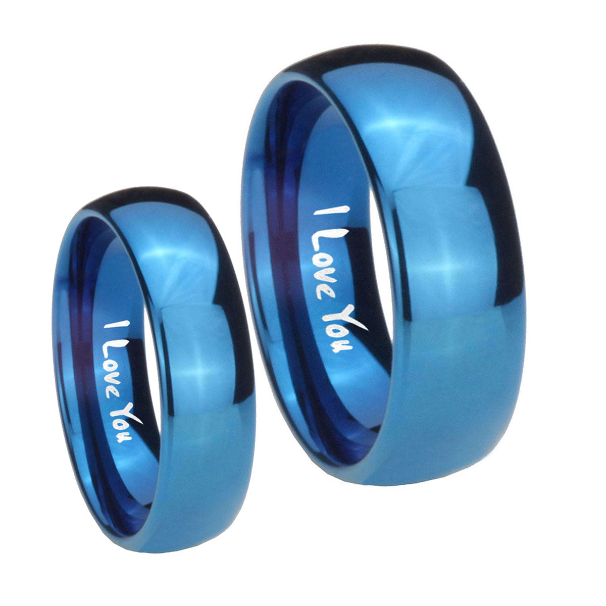 I Love You Dome Blue Tungsten Couple Wedding Rings