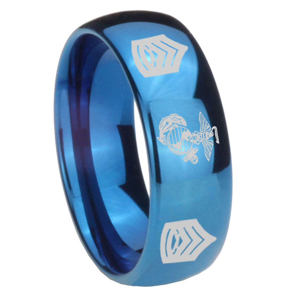 8MM Marine Army Sergeant Dome Blue Tungsten Mens Ring Engraved