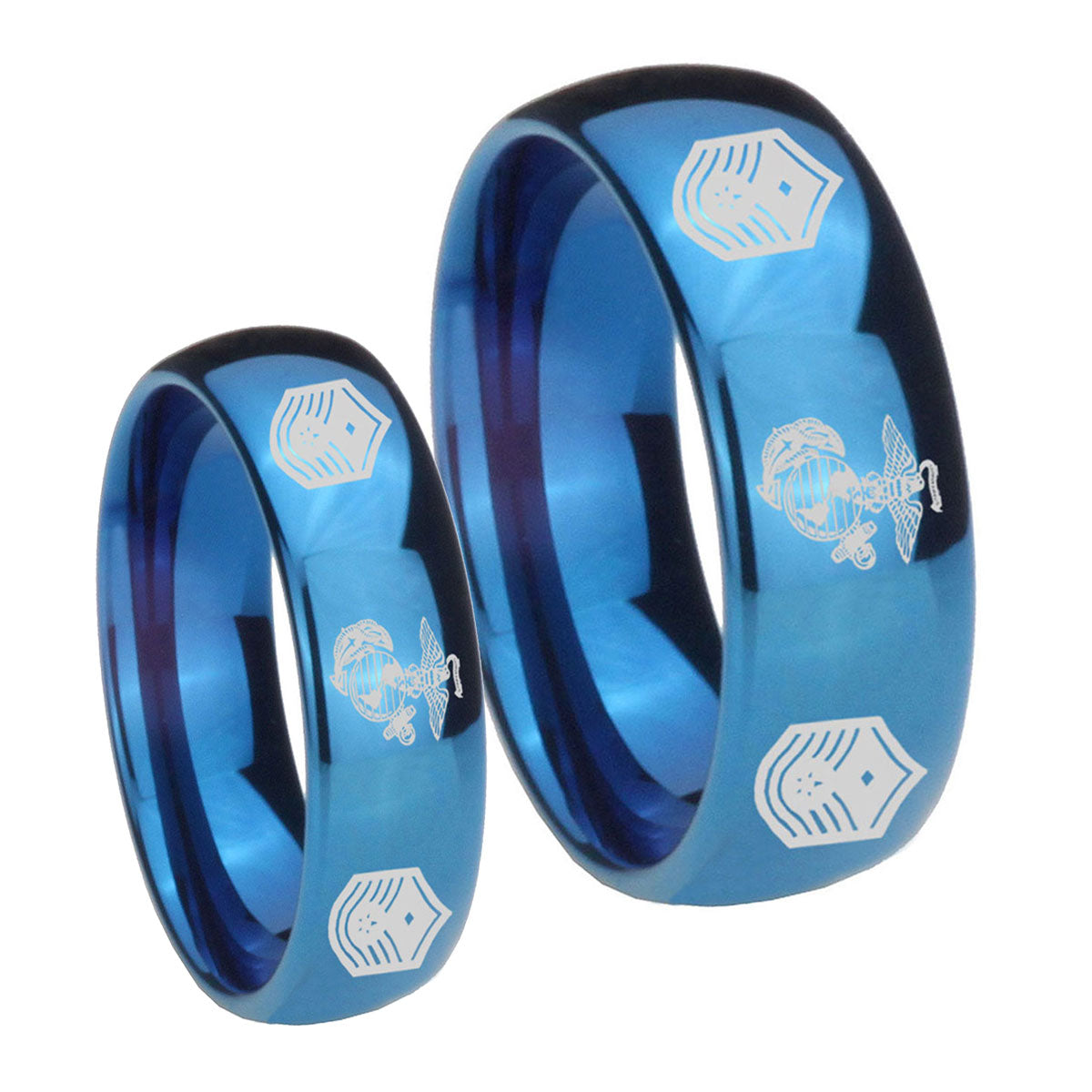 Marine Chief Master Sergeant Dome Blue Tungsten Wedding Ring Sets