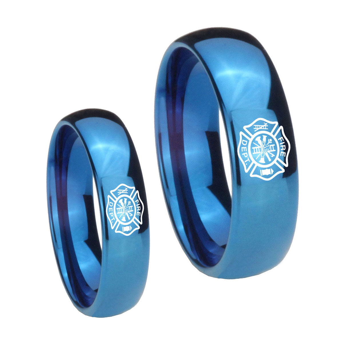 Fire Department Dome Blue Tungsten Matching Ring Set