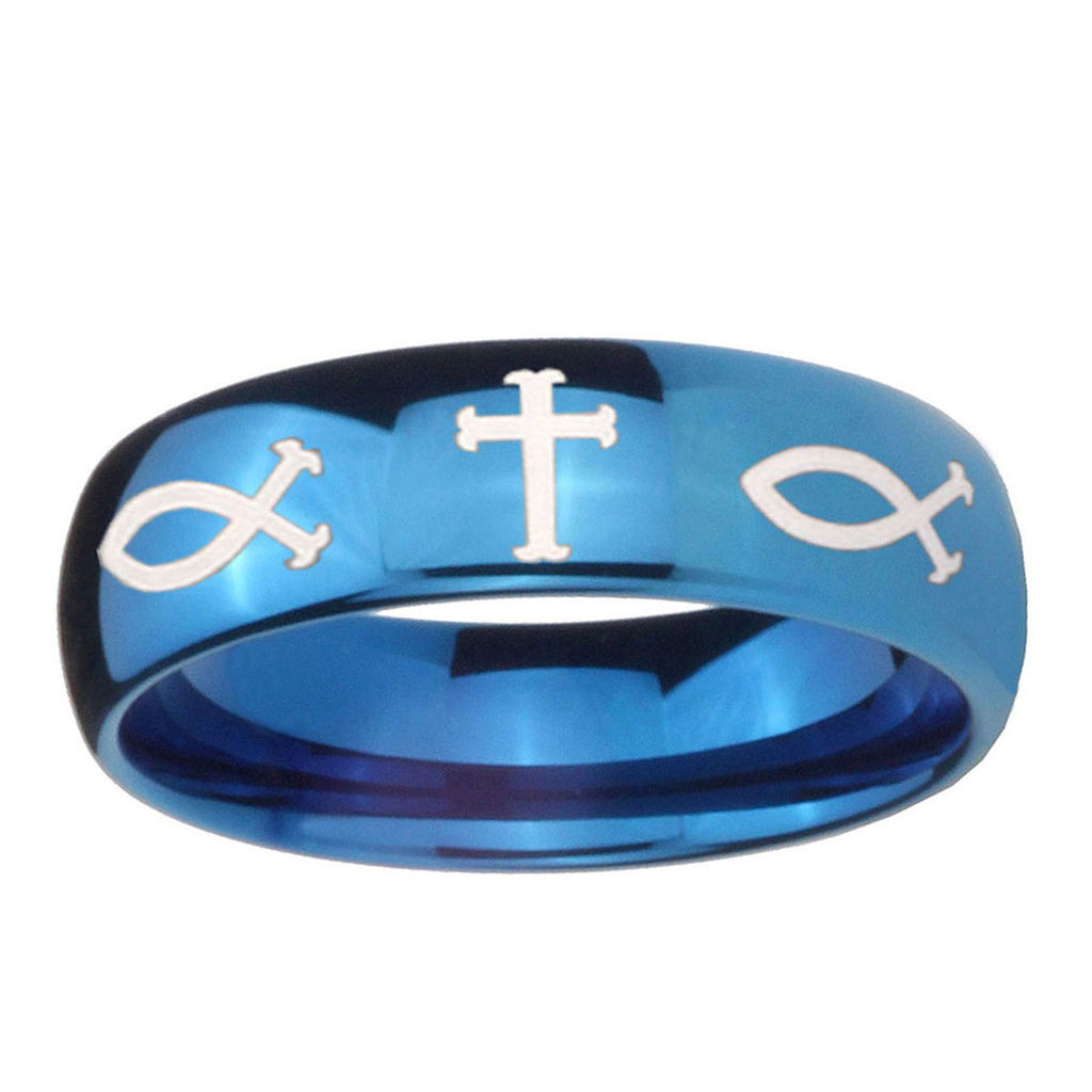 5MMFish & Cross Dome Blue Tungsten Carbide Custom Ring for Men
