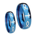 Fish & Cross Dome Blue Tungsten Wedding Set Rings