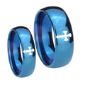 Flat Christian Cross Dome Blue Tungsten Mens Ring Set