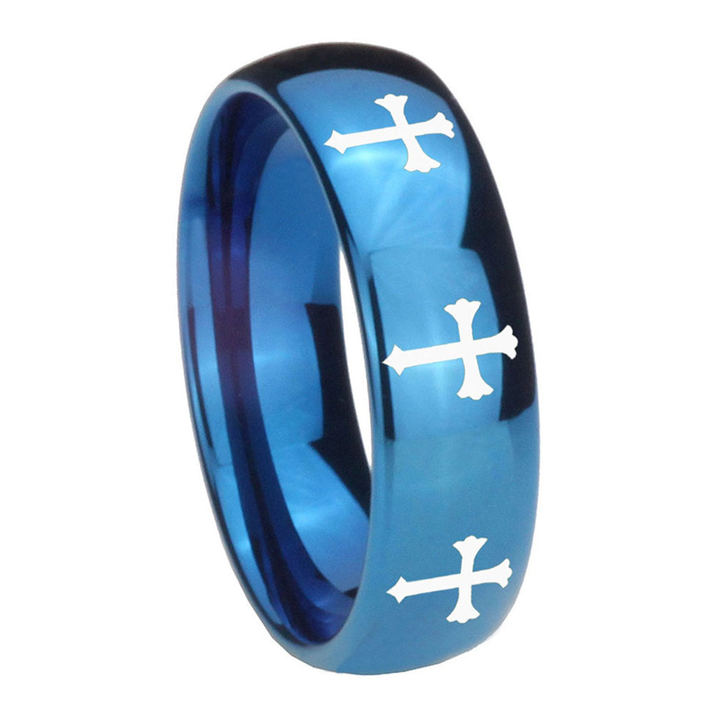8MM Multiple Christian Cross Dome Blue Tungsten Ring