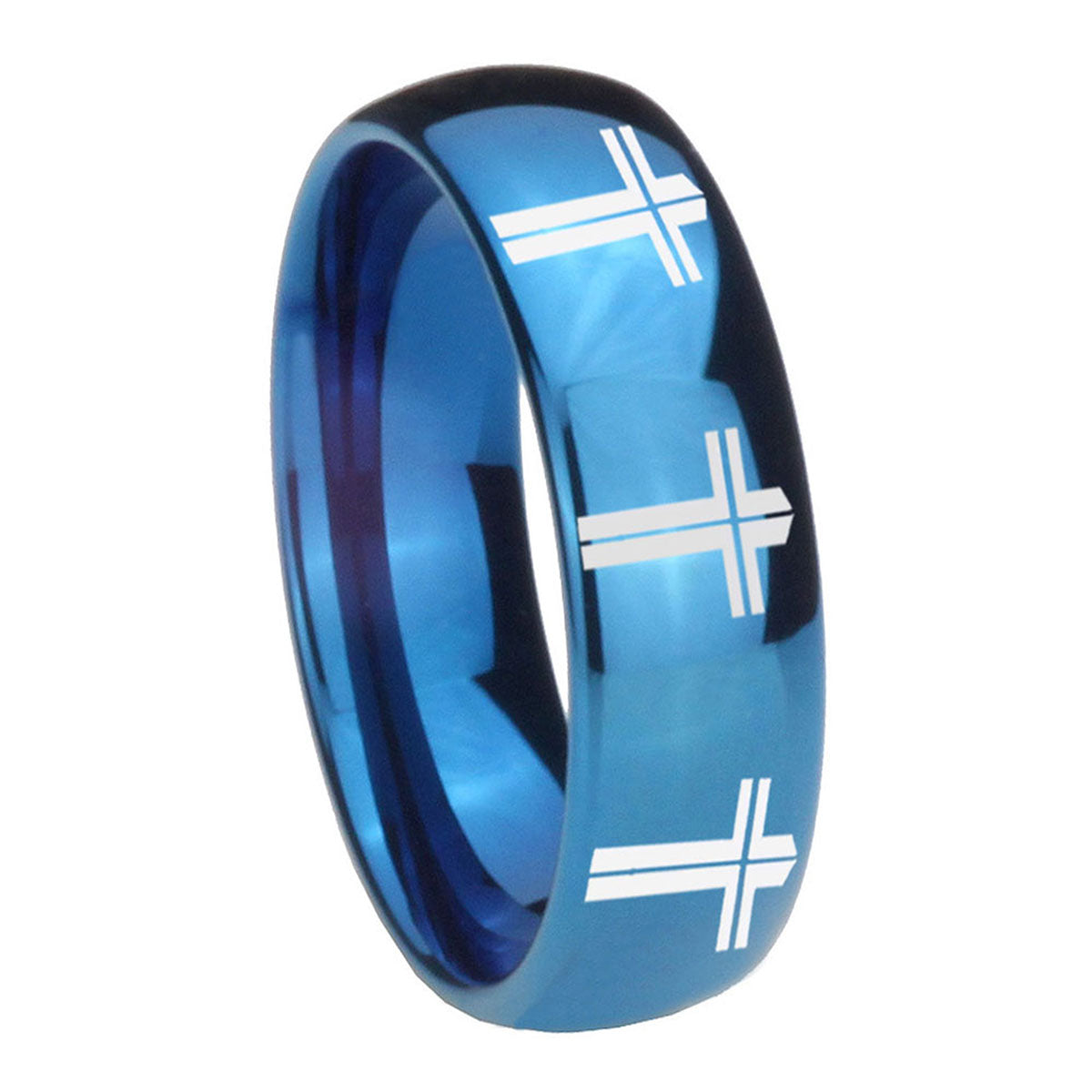 8MM Multiple Christian Cross Dome Blue Tungsten Wedding Ring