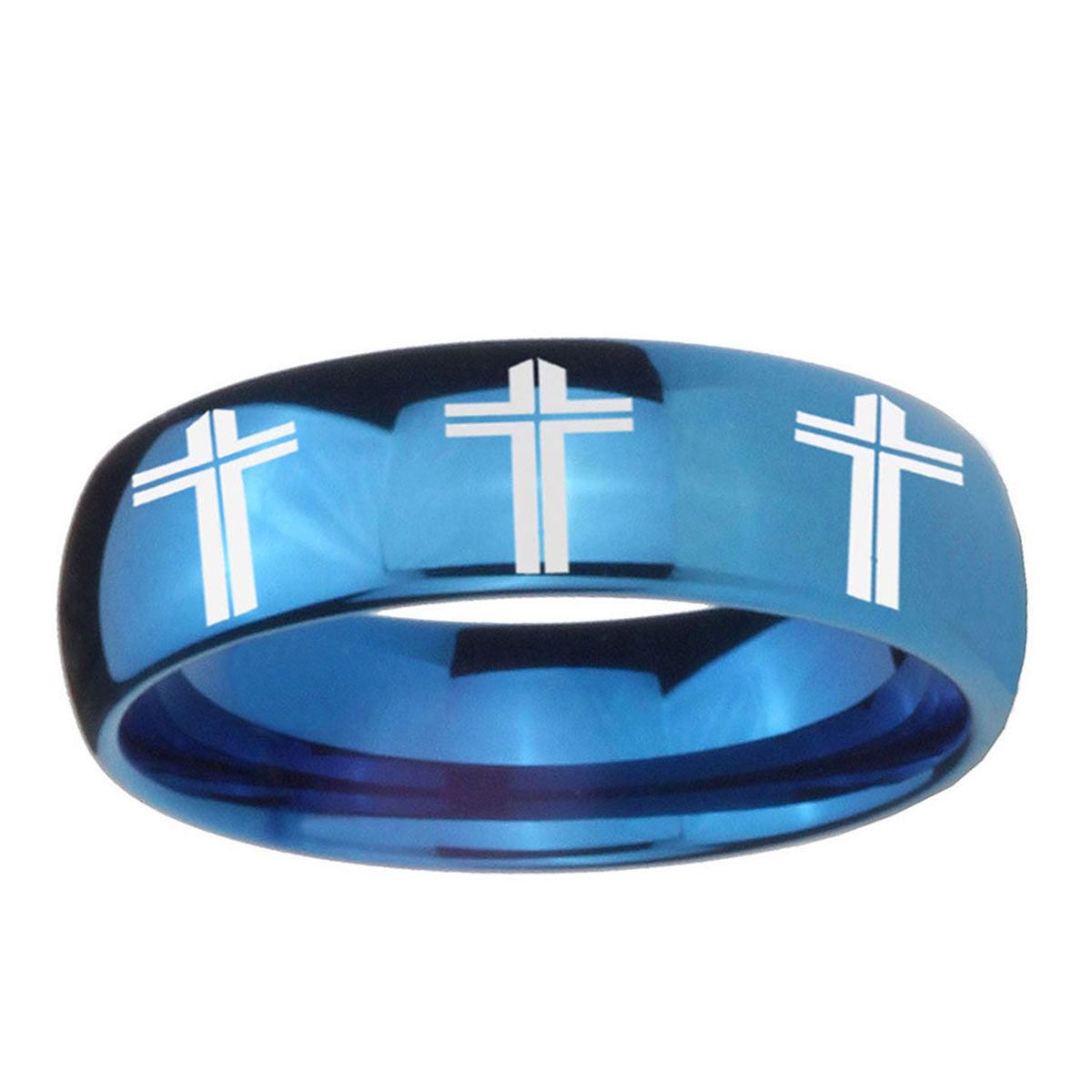 5MMMultiple Christian Cross Dome Blue Tungsten Wedding Ring