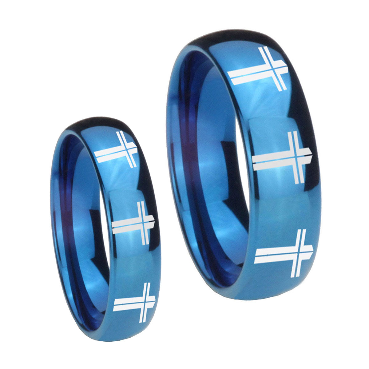 Multiple Christian Cross Dome Blue Tungsten Couple Wedding Rings