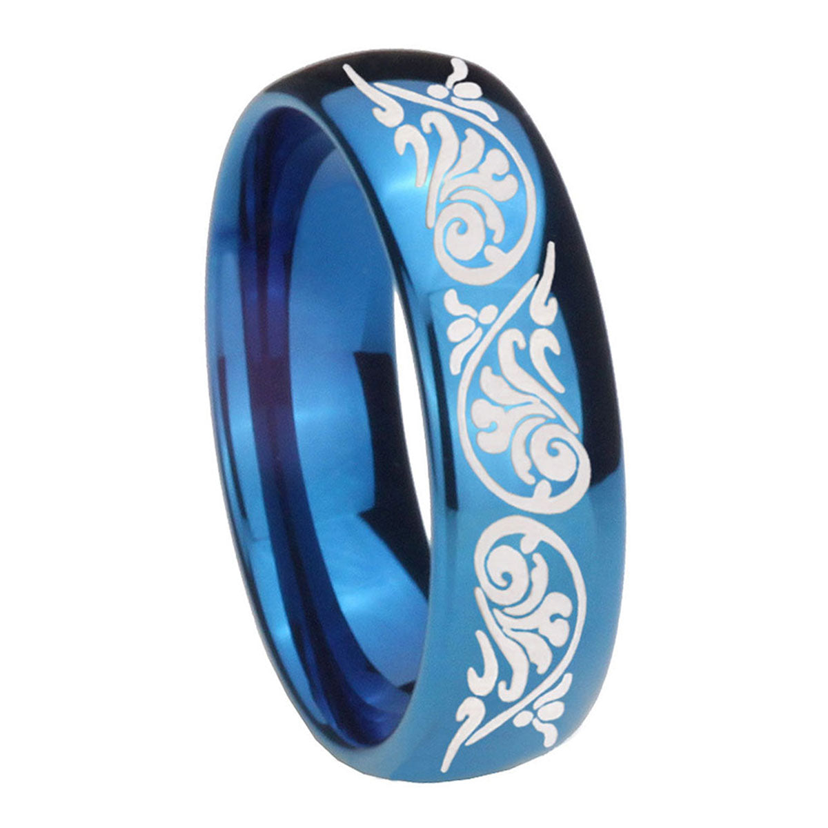 8MM Etched Tribal Pattern Dome Blue Tungsten Engagement Ring