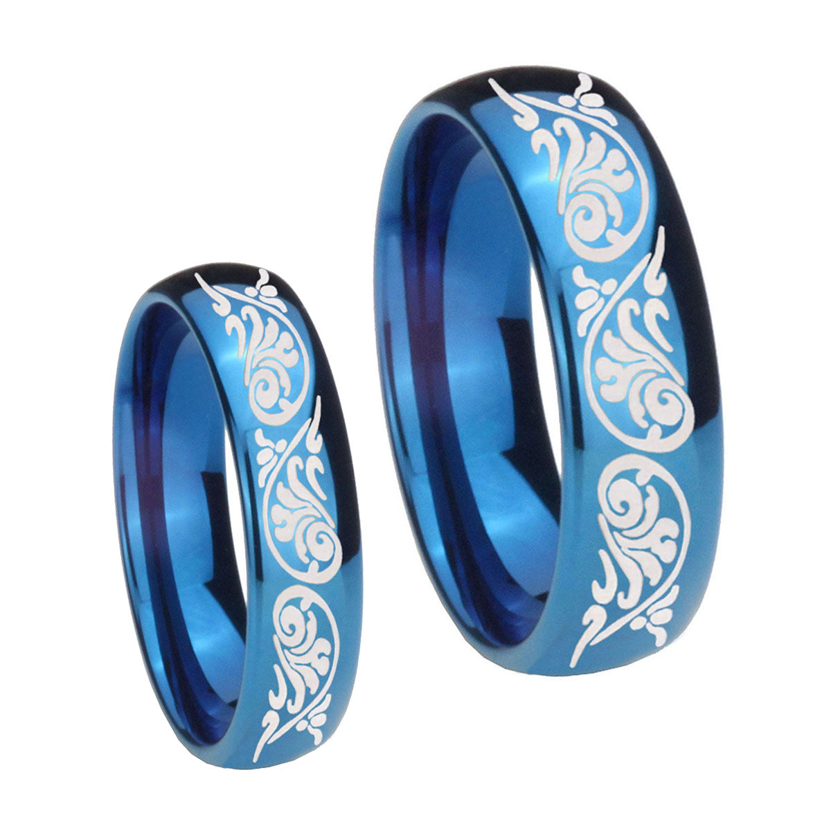 Etched Tribal Pattern Dome Blue Tungsten Mens Set Ring