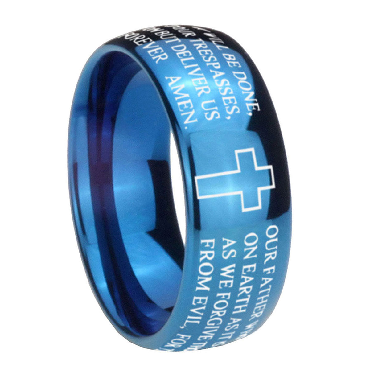 8MM Etched Lord's Prayer Cross Dome Blue Tungsten Mens Band