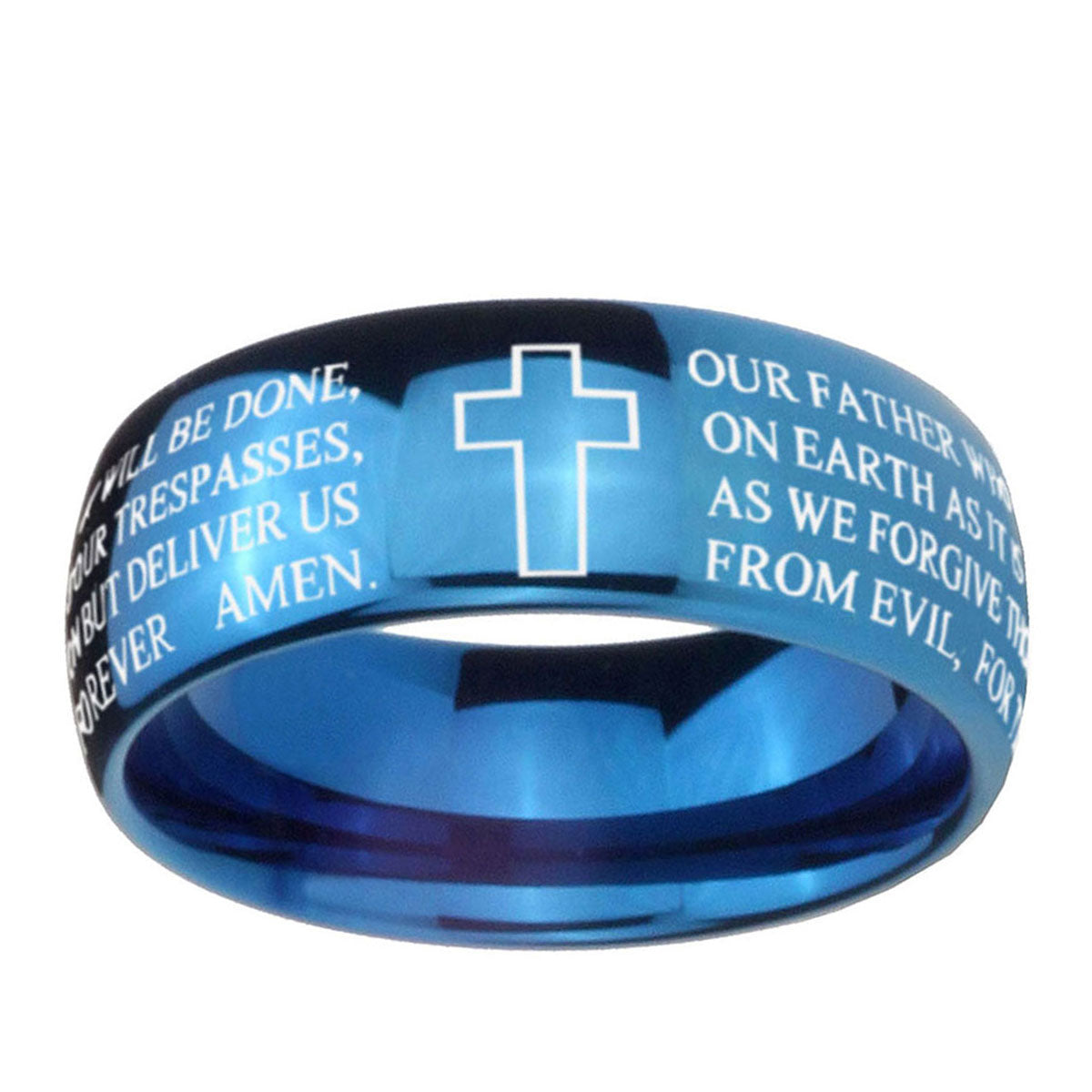 5MMEtched Lord's Prayer Cross Dome Blue Tungsten Mens Band