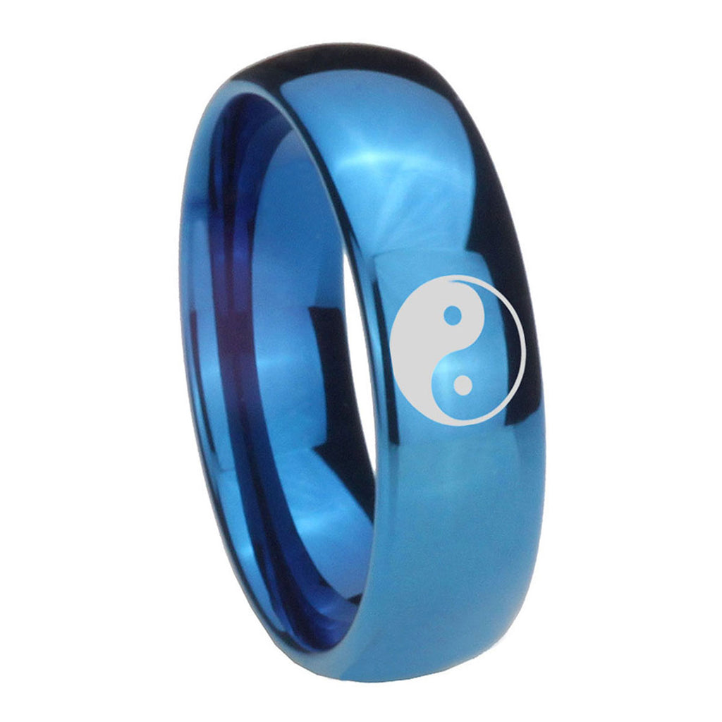 8MM Yin Yang Dome Blue Tungsten Carbide Mens Wedding Band