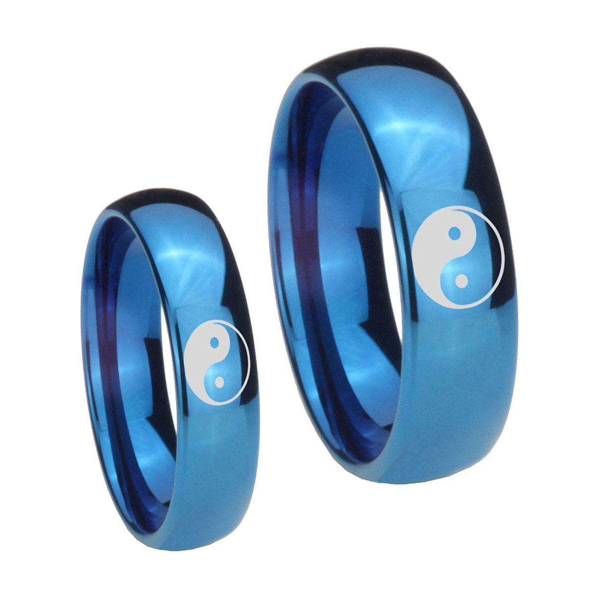 Yin Yang Dome Blue Tungsten Wedding Band Set