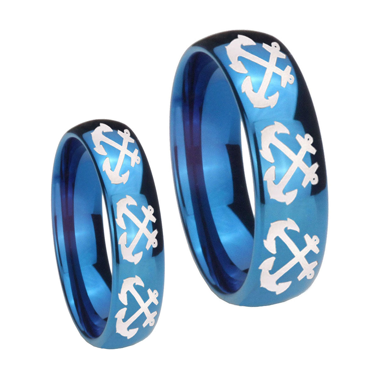 Multiple Anchor Dome Blue Tungsten Bridal Ring Set
