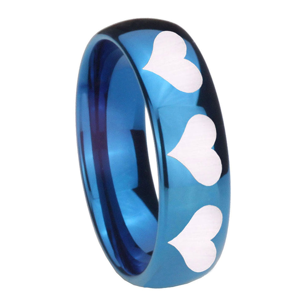 8MM Multiple Heart Dome Blue Tungsten Wedding Engagement Ring