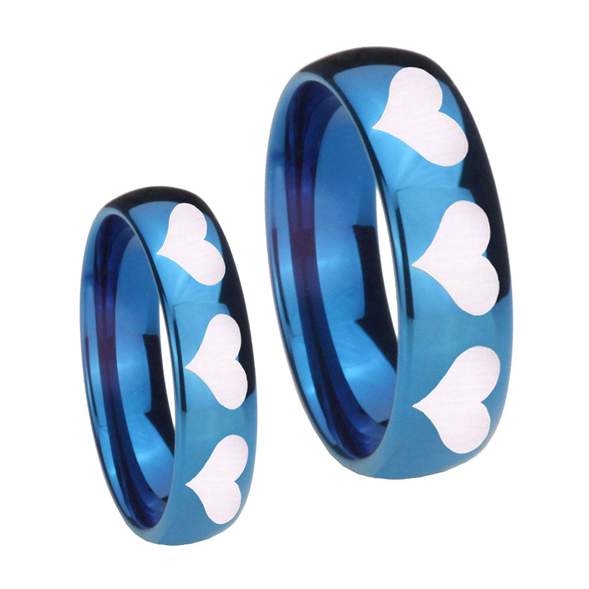 Multiple Heart Dome Blue Tungsten Wedding Set Rings