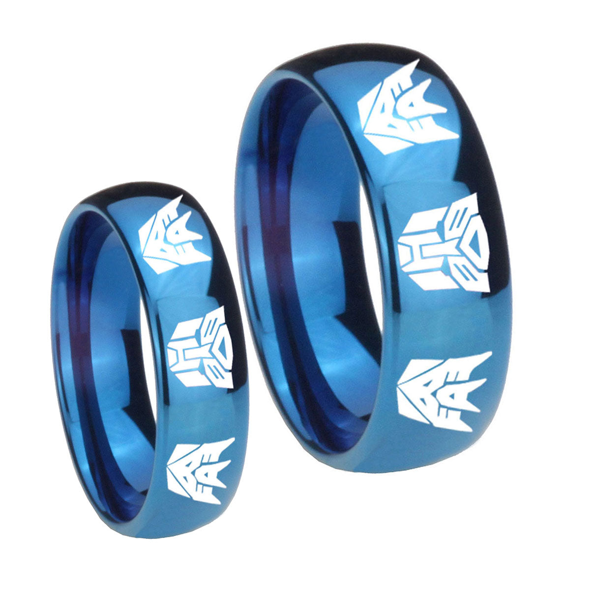 Transformers Autobot Decepticon Dome Blue Tungsten Bridal Set Rings